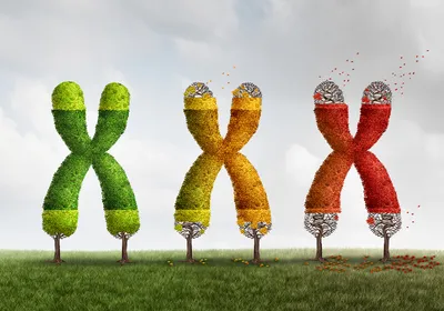 Image of three chromosomes "trees" with the highlighted section displaying telomeres shortening over time as “falling leaves”. Image of three chromosomes "trees" with the highlighted section displaying telomeres shortening over time as “falling leaves”.